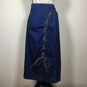 Blue Denim Skirt with Tan Lace-Up Detail western country Cowgirl waist 20” sz M